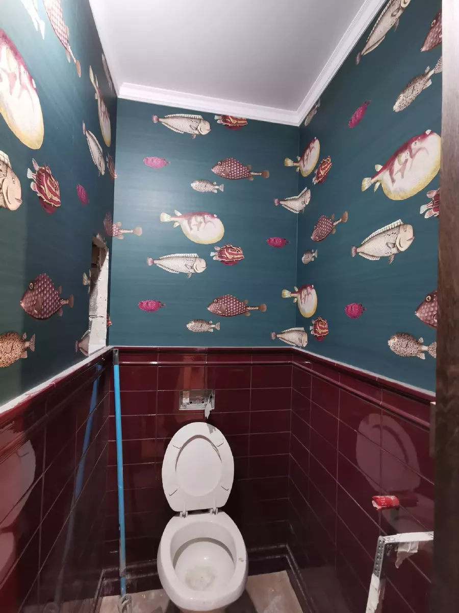 Ремонт туалета в новостройке: бордовая плитка на стенах, обои с рисунком рыб, гипсокартонный потолок с молдингами, чистовая отделка