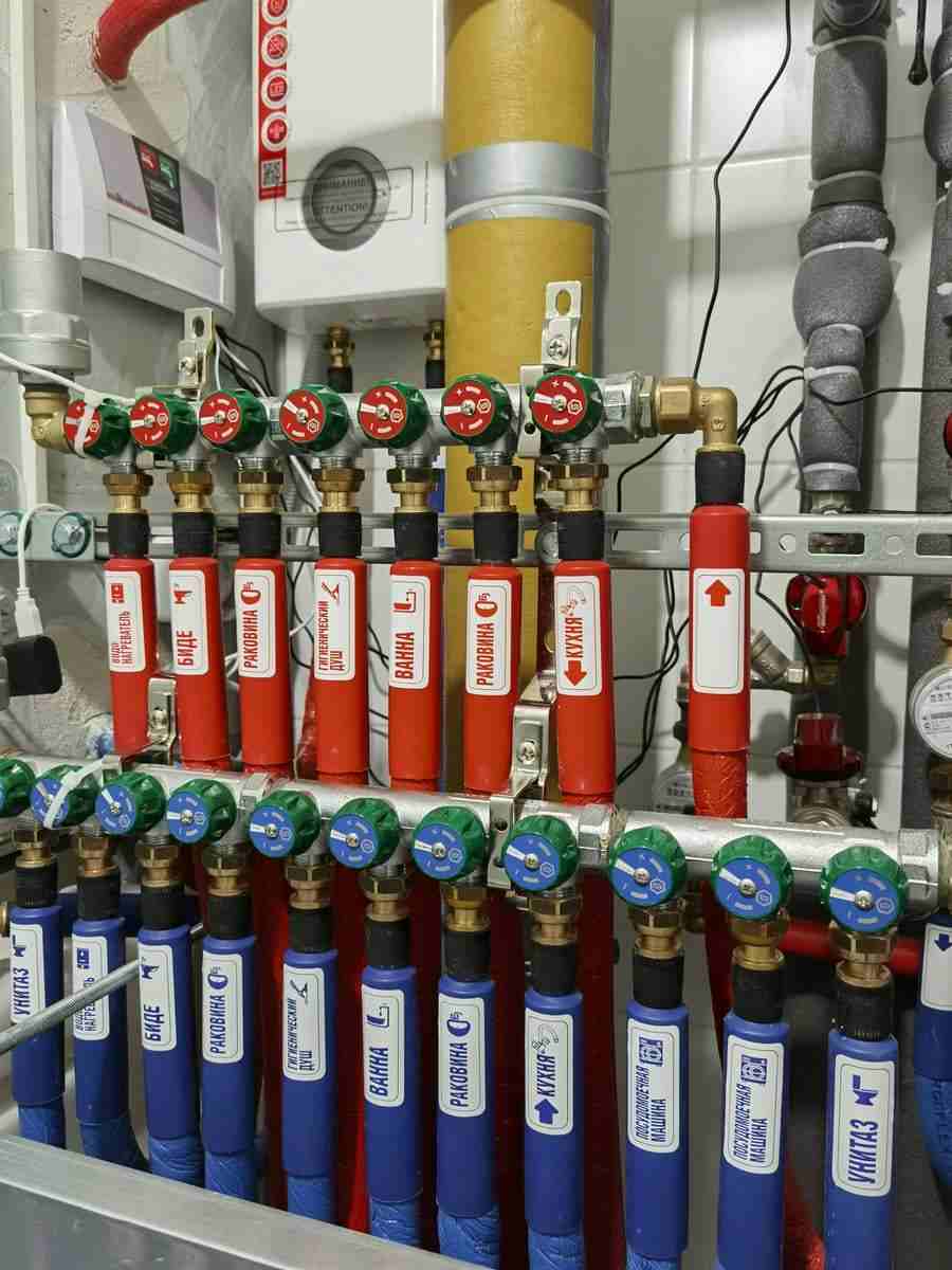 Сантехнический шкаф с коллекторной разводкой водоснабжения: гребенки горячего и холодного водоснабжения с подписанными направлениями (кухня, ванна, раковина, унитаз)