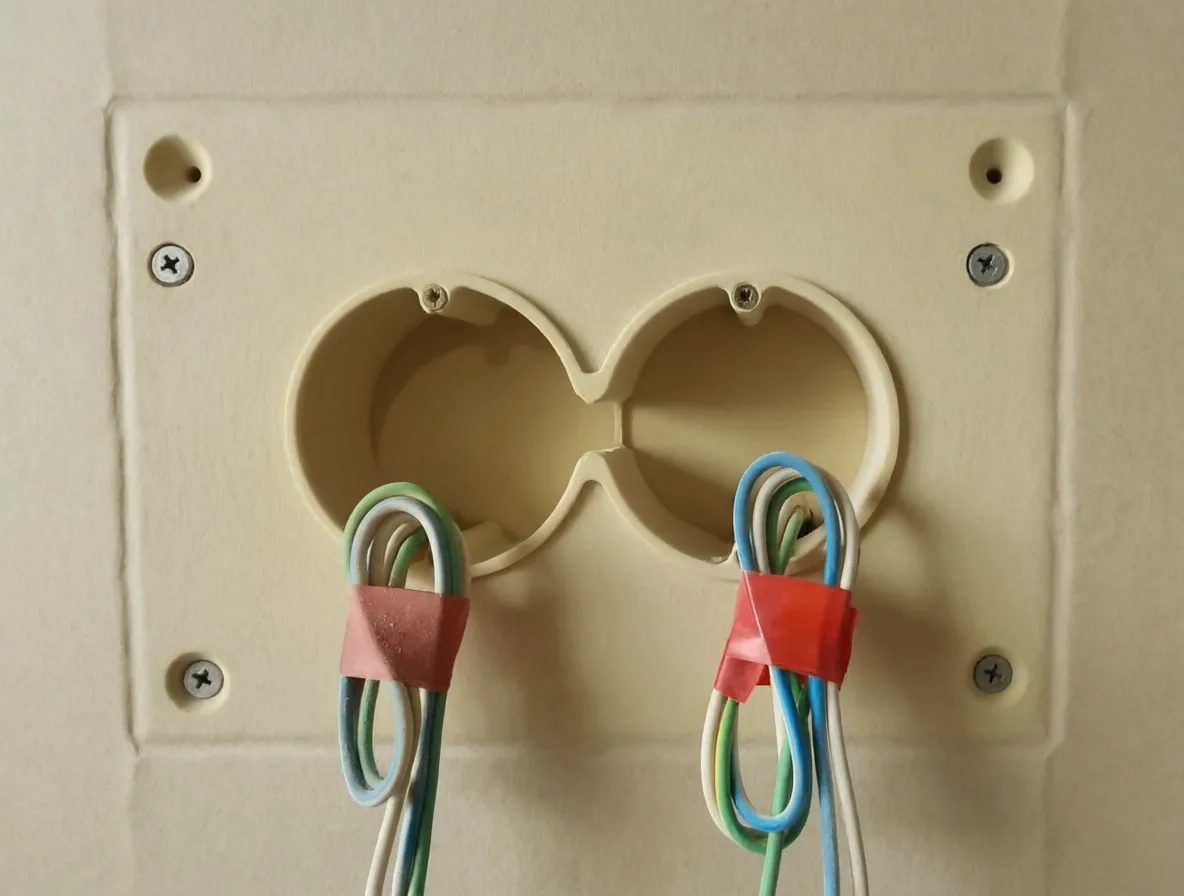 Монтаж сдвоенного шумоизоляционного подрозетника для блока розеток: установка в звукоизолирующую стену, аккуратный вывод силовых кабелей